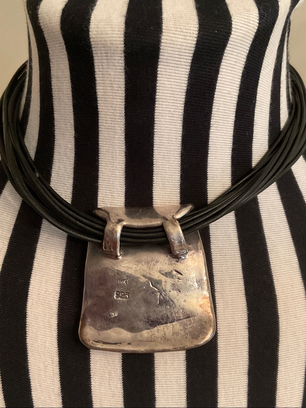 Bold Sterling Silver Pendant Choker Necklace on Black Cord - Picture 3 of 7